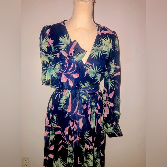 Blue Pink & Green Tropical Print, Faux Wrap, Long Sleeve, Maxi Dress - Picture 5 of 16